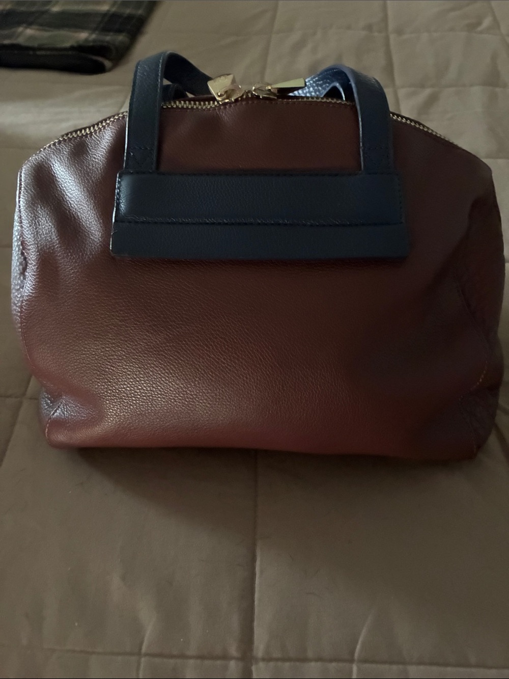 Pour La Victoire Plum-Marion Leather Satchel with leather Navy Handles and Trim - Picture 2 of 14